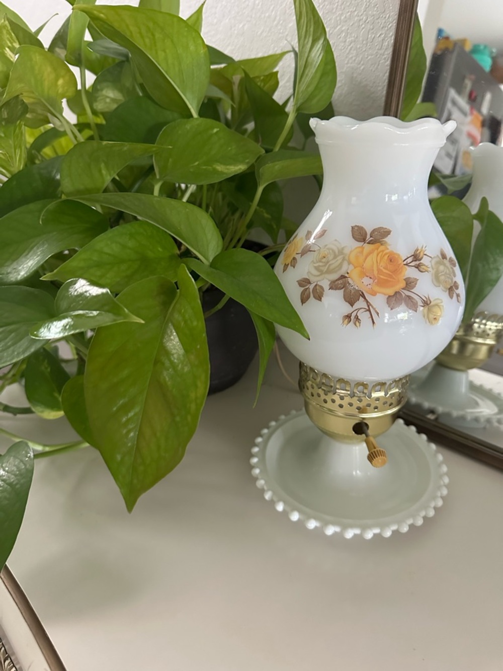 Vintage-Style White Milk Glass Lantern with Yellow Rose Motif